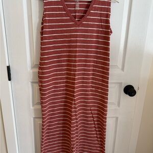 Lou & Grey V-Neck Maxi Dress in Terra Cotta and White Stripes